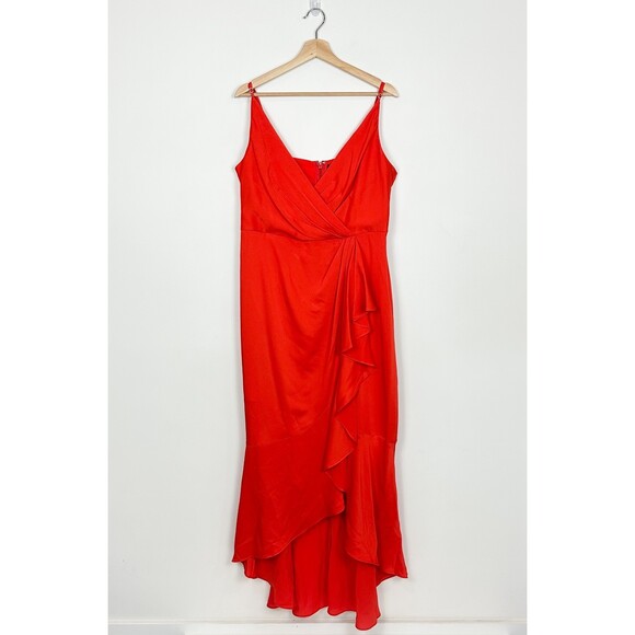 BCBGMaxAzria Faux Wrap Ruched Ruffle Maxi Dress Red Sz 16 - Picture 4 of 12